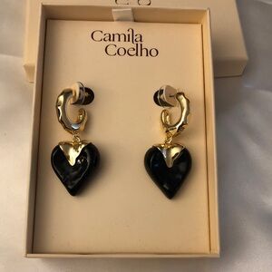 Camila Coelho Gold Tone & Black Resin Heart Drop Earrings Molten Accents NIB